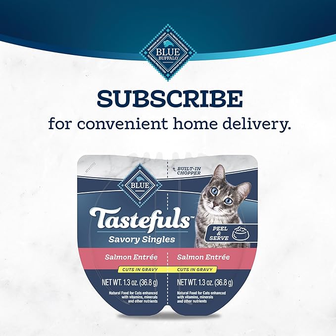 Blue Buffalo Tastefuls Savory Singles Natural Wet Cat Food in Gravy, 2.6-oz. Twin-Pack Tray, Salmon Entreé (24 Count)