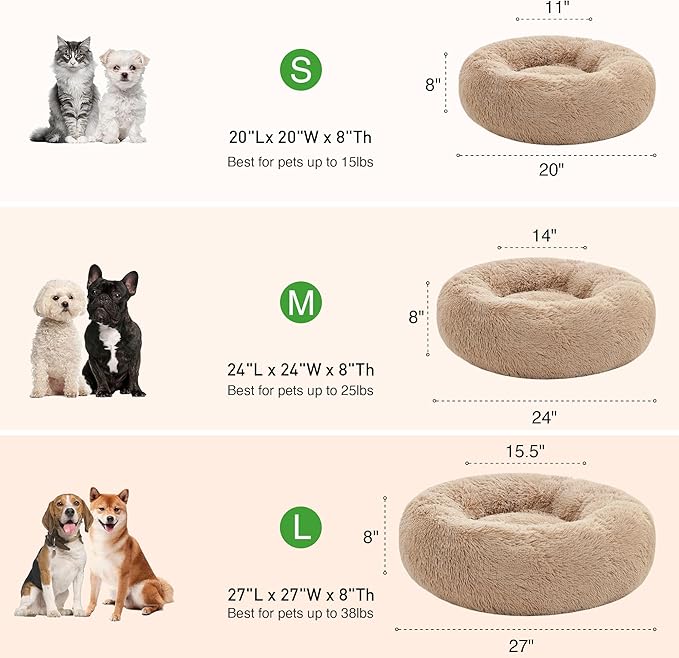 Love's cabin 20in Cat Beds for Indoor Cats - Cat Bed with Machine Washable, Waterproof Bottom - Taupe Fluffy Dog and Cat Calming Cushion Bed for Joint-Relief and Sleep Improvement