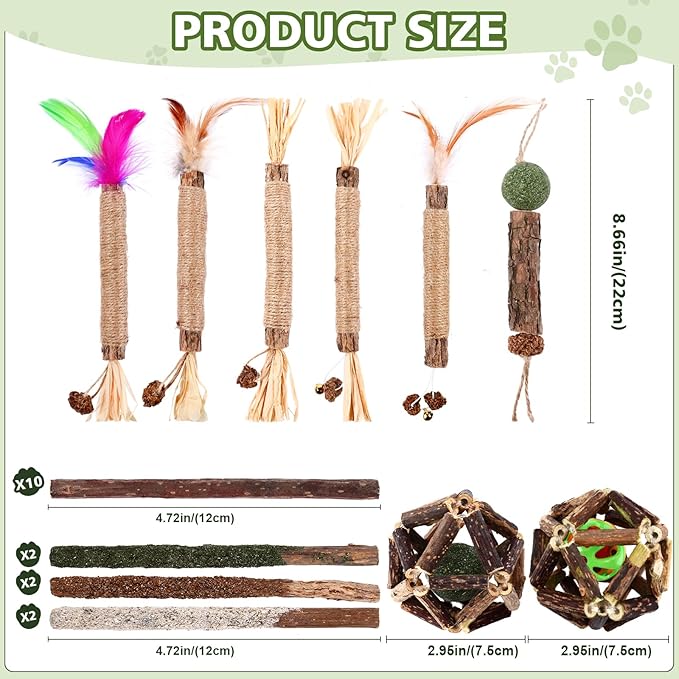 Catnip Chew Toys for Cats,24 Pack Silvervine Cat Toy,Cat Natural Silvervine Sticks,Natural Silvervine Stick Cage Balls & Bell Balls for Indoor Cats.