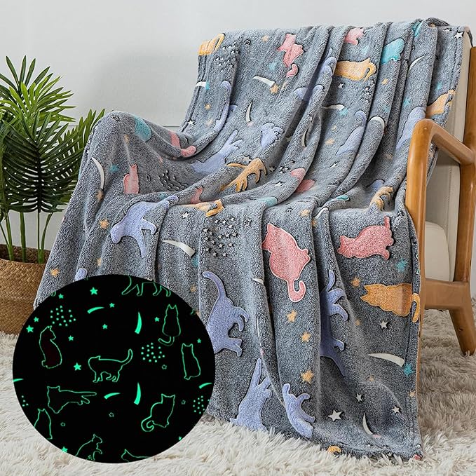 Sviuse Glow in The Dark Cat Blanket Gifts for Cats Lovers Soft Flannel Glow Throw for Girls Kids Luminous Blankets (50" X 60", Cat 9)