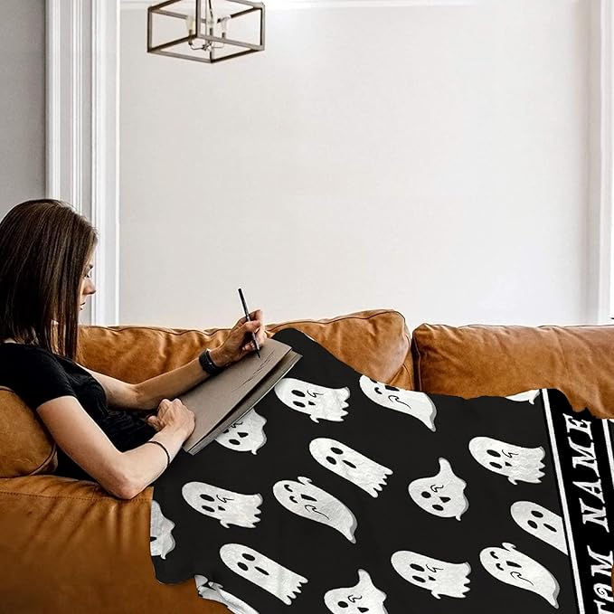 Cute Little Funny Ghost Custom Blanket Black Night Sky Spooky Personalized Throw Blankets Gifts for Girl Boy Flannel Fleece Halloween Customized Throw Blankets for Adults With Name Sofa Chair 80x60In