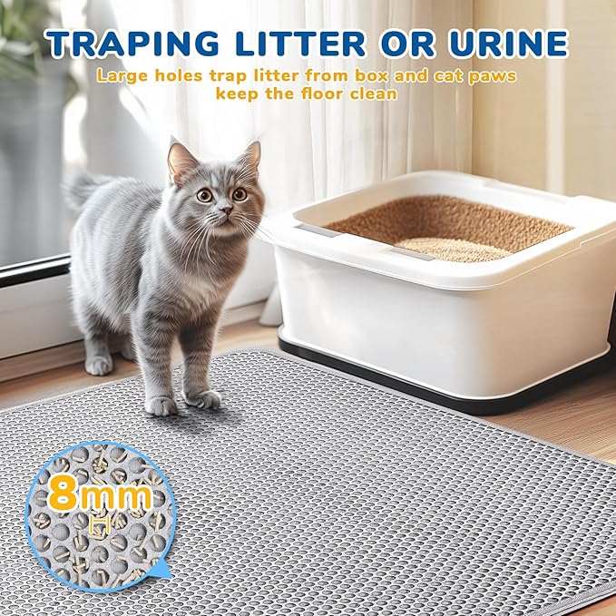 BurgeonNest Cat Litter Mat 30" x 24", Upgraded Felt & Fabric Material Cat Trapping Mat for Fewer Creases, Holds 1-2 Litter Boxes, Urine-Proof, Machine Washable, Non-Slip, Soft on Paws, Grey