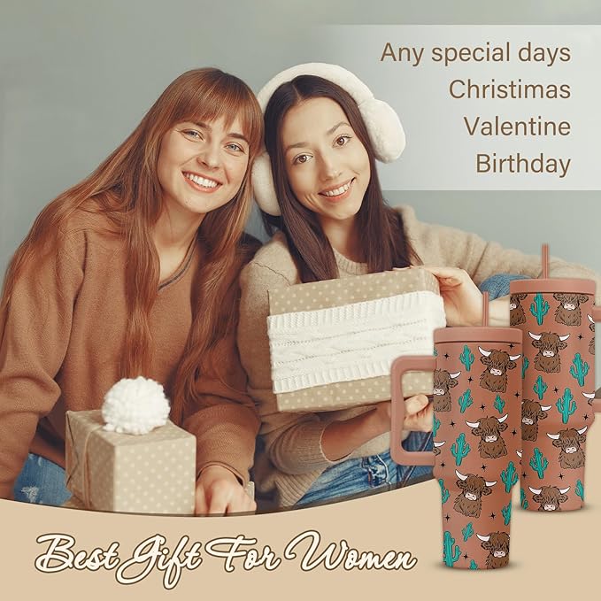 Highland Cow Tumbler, Cow Yak Bull Cup Gifts For Men, Cute Yak Cuctus Tumbler With Handle 40 Oz, Birthday Gifts For Cowboy Animal Enthusiasts, Cuctus Khaki Insulated Tumblers Cup