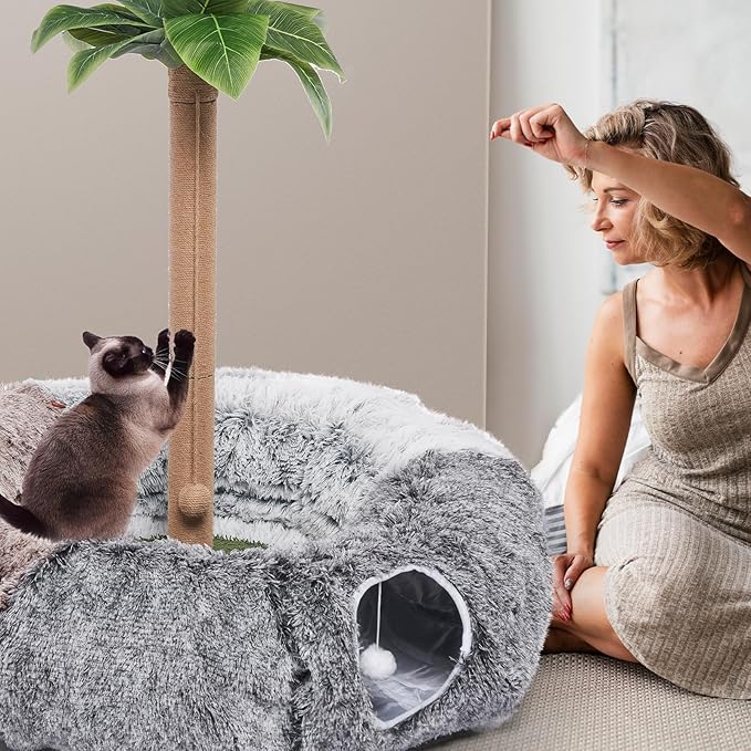 Odoland Large Cat Tunnels for Indoor Cats Fluffy Cat Bed and Detachable Cat Cave Tunnels with 20 Cat Toys, Cat Donut Tunnel and Variety Kitten Toy Set for Chewing Playing