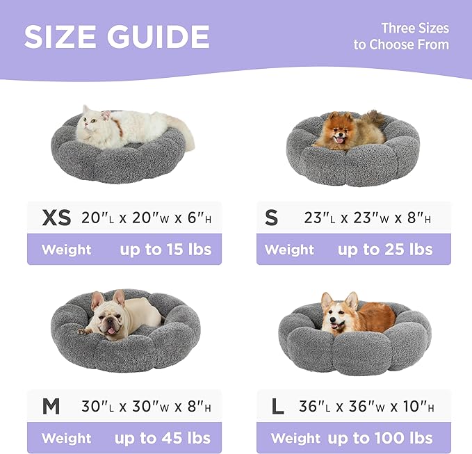 Lesure Calming Small Dog Bed - Flower Donut Round Fluffy Puppy Bed in Plush Teddy Sherpa, Non-Slip Cute Flower Cat Beds for Indoor Cats, Small Pet Bed Fits up to 25 lbs, Machine Washable, Grey 23"