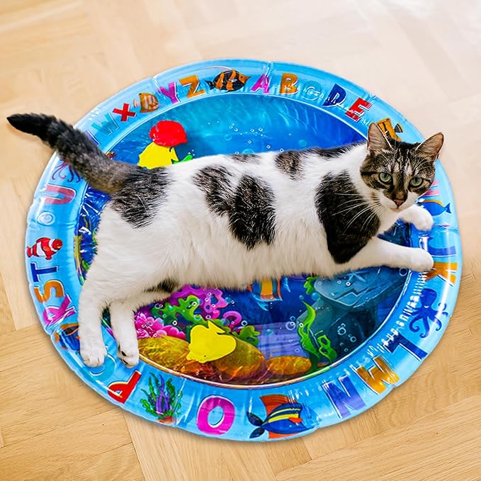 Upgraded Cat Water Sensory Mat with Patches Set - Including Thickened Water Playmat for Cats, Patches, Clipper, Fun Summer Toy for Bored Indoor Cat Self Play Rest Feel Cool Comfort (Round)