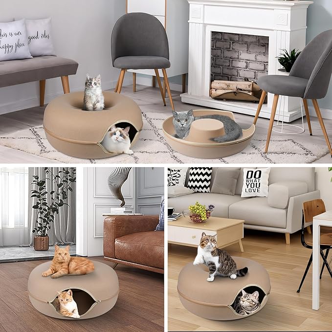 Peekaboo Cat Cave,Cat Tunnel Bed for Indoor Cats,Cat Donut Tunnel for Pet Cat House,Detachable Round Cat Felt & Washable Interior Cat Play Tunnel (Large, Beige)