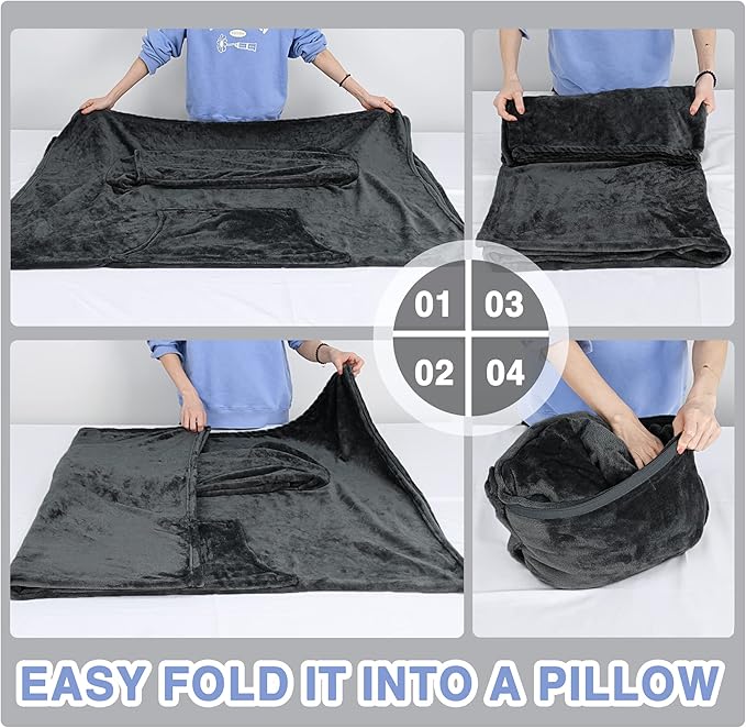 Solaris Travel Wearable Blanket with Sleeves, 2 in 1 Packable Airplane Pillow Blanket for Adult Women Men, Soft Cozy Warm Snuggy Body Blanket for Outdoor Indoor Home Lounge, Black