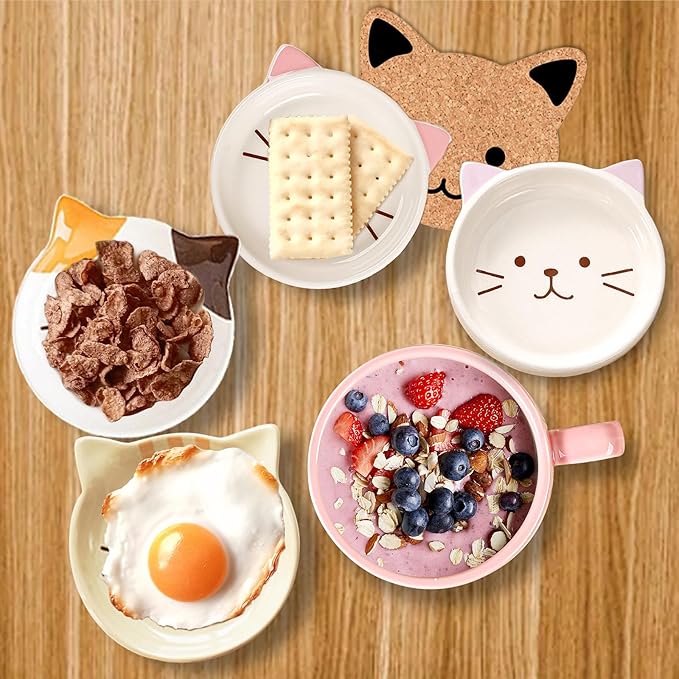 BigNoseDeer 2PCS Kawaii Cat Mug - Pink and Brown Ceramic Coffee Tea Cup with Lid, Saucer - Cool Preppy Gift for Cat Lovers, Christmas 10oz