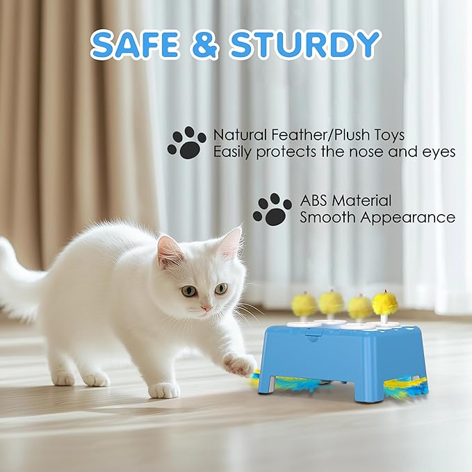 Cat Toys, 2 in1 Automatic Interactive Cat Toys for Indoor Cats, 4 Holes Mice Whack a Mole Cat Mouse Toy with Moving Feather, Rechargeable USB Power Kitten Feather Toys for All Breeds (Blue)