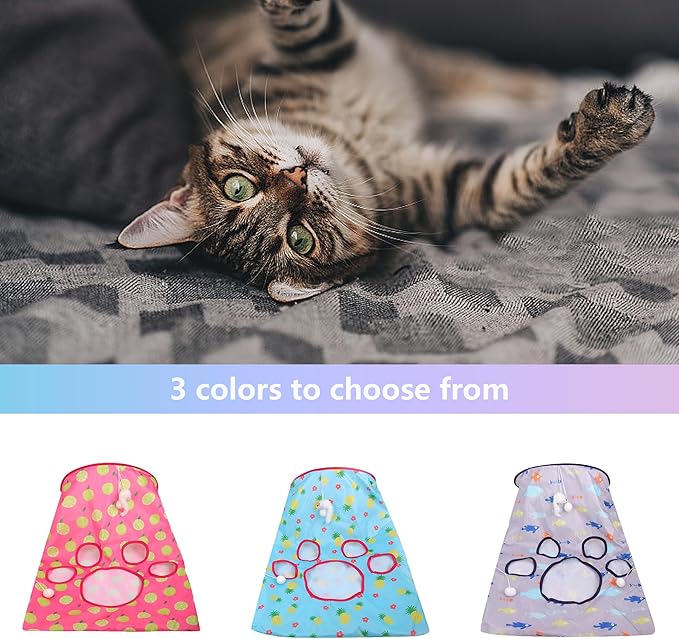 Cat Tunnel Bag Kitty Collapsible Tunnel Toy Crinkle Sack Bag Pet Interactive Cat Cave Toy with 1 Little Mouse & 3 Toy Ball Rose Pink S