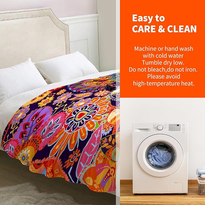 Boho Floral Blanket Gifts for Women Mom Girls Wife Birthday Christmas Valentine Present Bohemian Colorful Flower Theme Rustic Decor Bedroom Living Room Couch Sofa Kids Adult Soft Flannel Throw 60"x50"