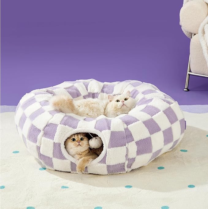 Lesure Cat Tunnel Bed for Indoor Cats - Cute Cat Donut Tunnel with Washable Circle Cushion, Round Pet Play Tunnel Toy for Kitten/Puppy/Rabbit,Purple