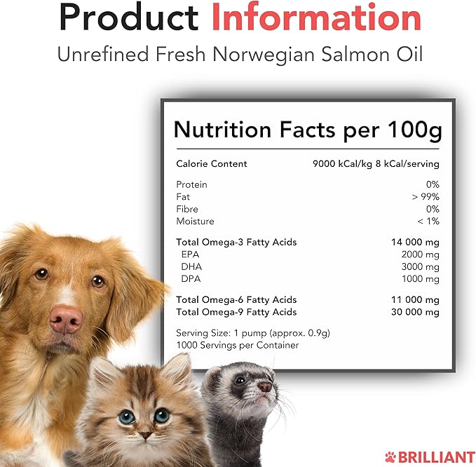 Brilliant Salmon Oil for Dogs, Cats & Puppies | Omega 3 Fish Oil Liquid Supplement with DHA, EPA Fatty Acids | Supports Skin and Coat, Immune System & Joint Function | Hofseth BioCare (34oz)