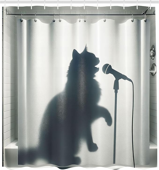 Ambesonne Cat Shower Curtain, Shadow of a Singing Kitty Funny Bath Time Musician Animal Humorous Joke, Cloth Fabric Bathroom Decor Set with Hooks, 69" W x 70" L, Dark Blue Grey Off White