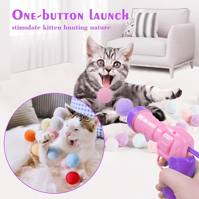 Mewlmart Cat Toys Interactive for Indoor Cats Kitty Toys Cat Toys for Indoor Cats Pom Pom Balls Cat Ball Toy Plush Ball Launcher for Cats Puff Balls Cat Enrichment Toys 30 Balls