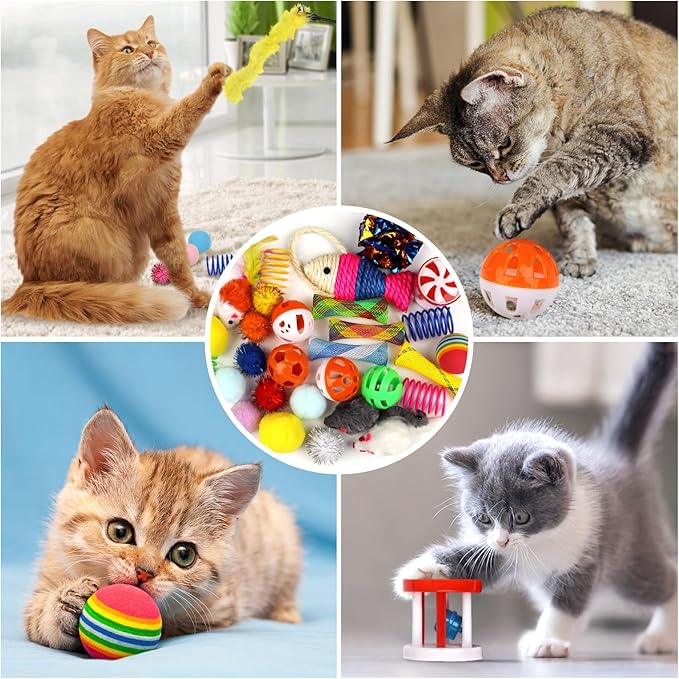 Cat Toys Kitten Toys Assortments, 32 Packs Interactive Cat Toy Variety Pack for Kitty, Cat Wand Toy, Cat Crinkle Balls Bell Balls with Bells, Cat Spring Toy, Catnip Toys for Indoor Cats Kitten