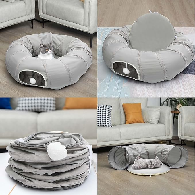 AUOON Cat Tunnel Bed with Central Mat,Big Tube Playground Toys,Soft Plush Material,Full Moon Shape for Kitten,Cat,Puppy,Rabbit,Ferret (Light Grey)