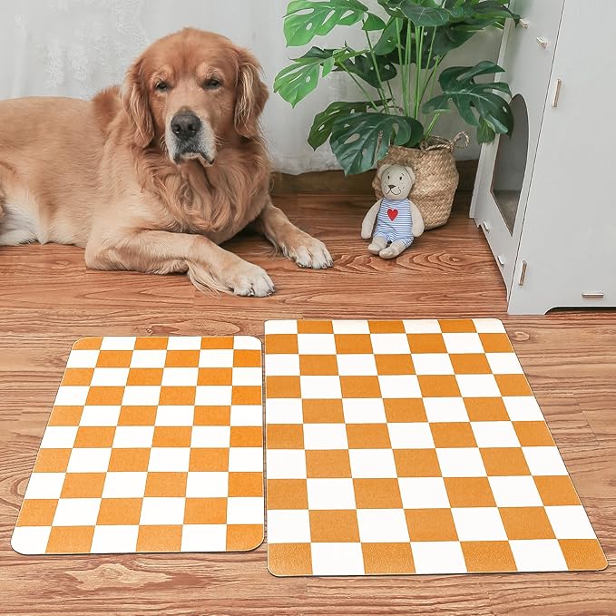 Ralxion Checkered Dog Feeding Mat, Absorbent Mats for Dog Food and Water Bowl, Dispenser, Aesthetic Purple Checkerboard Pet Placemat for Dogs, Cats, Puppy Accessories (Orange, 12 x 19)