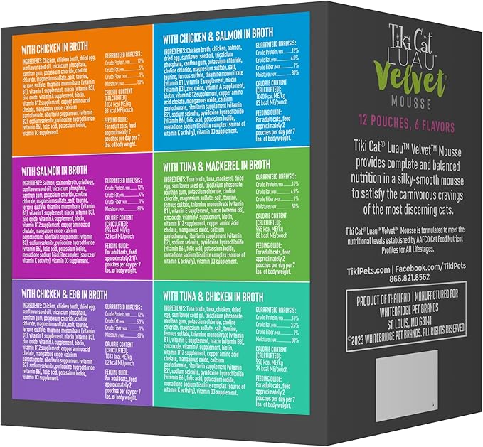 Tiki Cat Velvet Mousse, Protein Blend in Broth Variety Pack, Complete Nutrition for Balanced Diet, Wet Cat Food For All Life Stages, 2.8 oz. Pouch (Pack of 12)