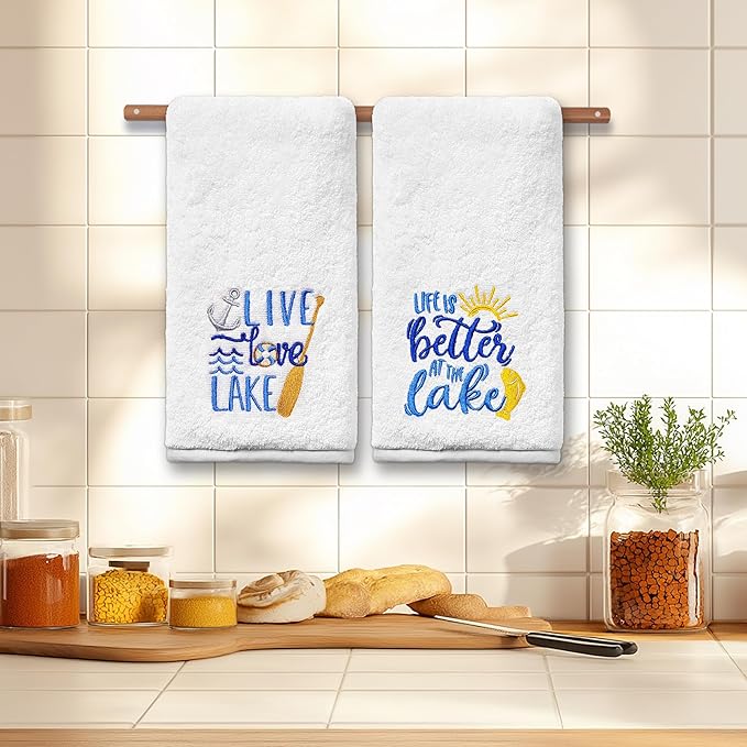 Lake Hand Towels for Bathroom Set of 2, Embroidered House Gifts Decor, Life Decorative New Home Tea Towels, 100% Cotton Soft Kitchen Towels 14x30 Inches