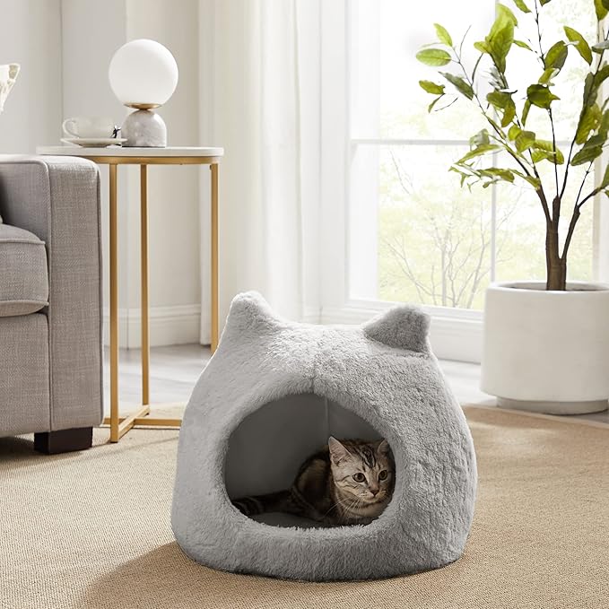 Best Friends by Sheri Meow Hut in Fur Cover Dome Cat and Dog Bed, Gray, Small