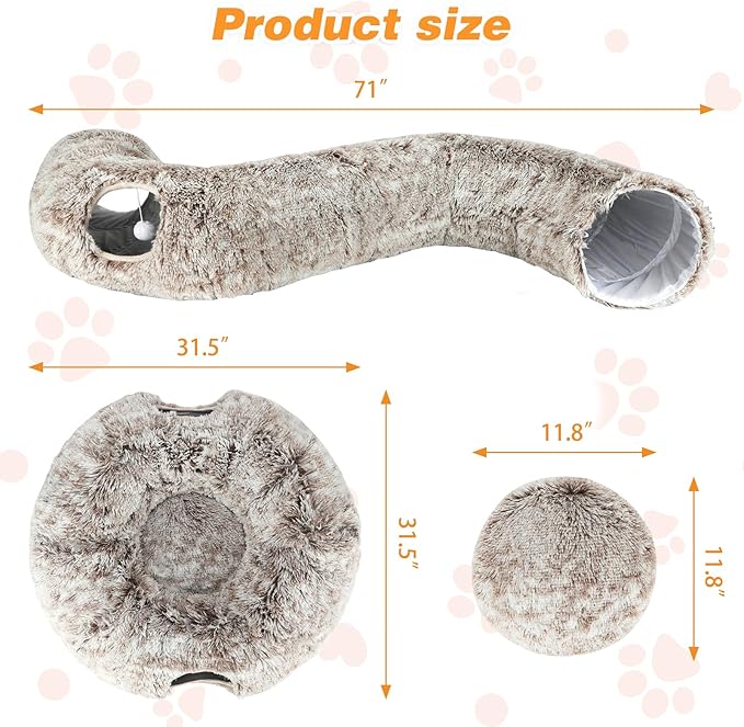 Plush Cat Tunnel Bed for Indoor Cats, Collapsible Cat Donut Tunnel with Central Mat, Fluffy Cat Cave Tube with Hanging Ball for Cat Kitten Rabbit Puppy Ferret, Coffee