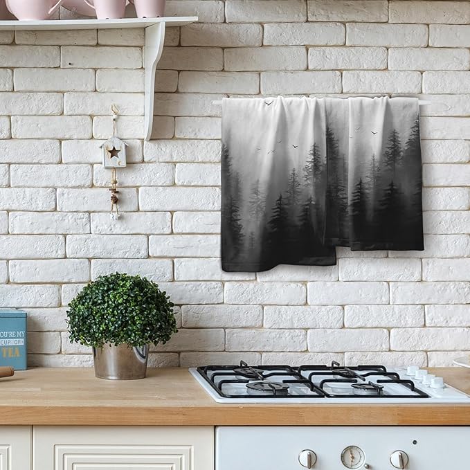 Black Misty Forest Hand Towels Set of 2 Mountain Woodland Soft Absorbent Face Bath Towel Dish Towel Bathroom Kitchen Towel Decor Gift