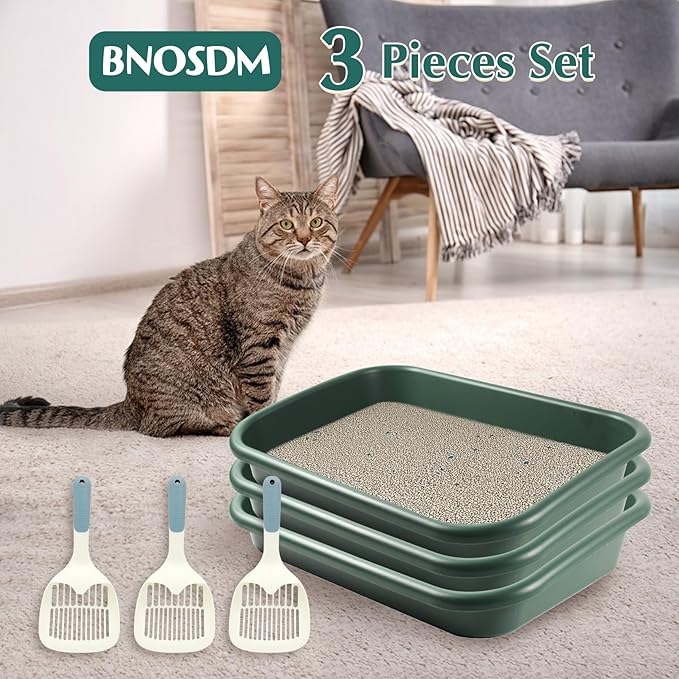 BNOSDM 3 Pcs Large Cat Litter Box, Low Entry Senior Litter Box Open Top Pet Litter Tray with Scoops for Older Cats or Disabled Senior Cats, 23x16.5x4.3 Inches
