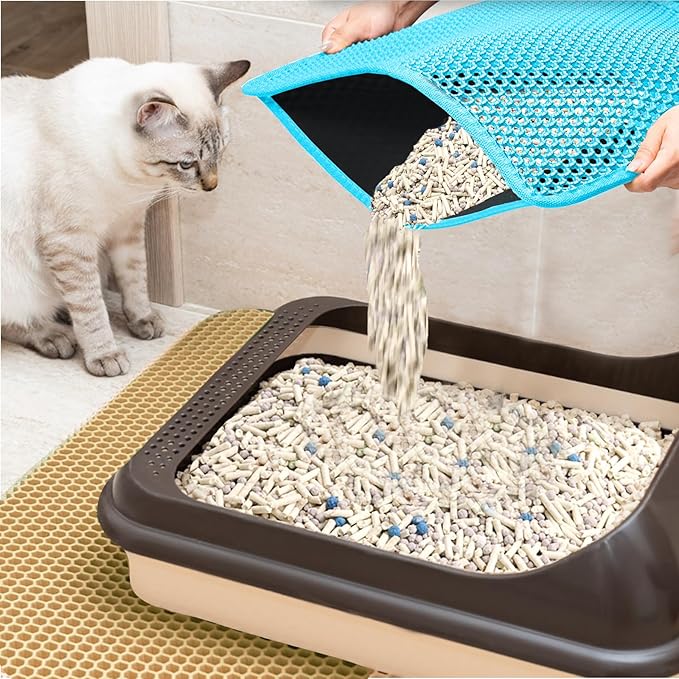 2025 𝗡𝗘𝗪 Waterproof Cat Litter Mat | Double Layer EVA, Odor-Free Large Grid | Urine Proof & Easy Cleanup | Soft on Paws | Versatile Design for Litter and Feeding (Blue, 12×12)