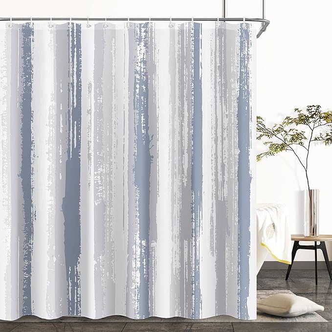 Blue Grey Abstract Striped Shower Curtain Sets for Bathroom 60Wx72H Vintage Modern Contemporary Minimalist Shower Curtain Botanical Plant Leaves Aesthetic Bathtub Curtain Rustic Bathroom Decor