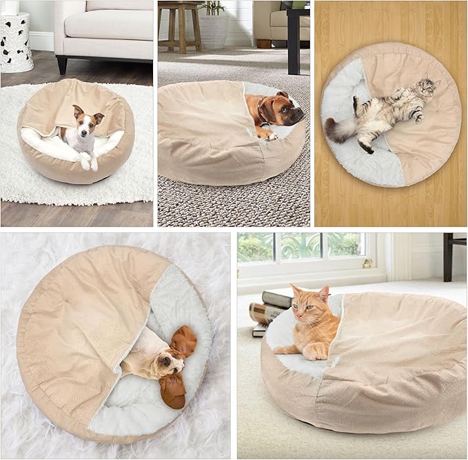 Dog Bed Warm with Hooded Blanket, Anti-Anxiety Puppy Pet Bed Cave Super Soft, Non-Slip Bottom, Machine Washable, Cozy Donut Indoor Pet Beds Fluffy for Dogs and Cats, Fits up to 26.5lbs, 23.6inch Beige