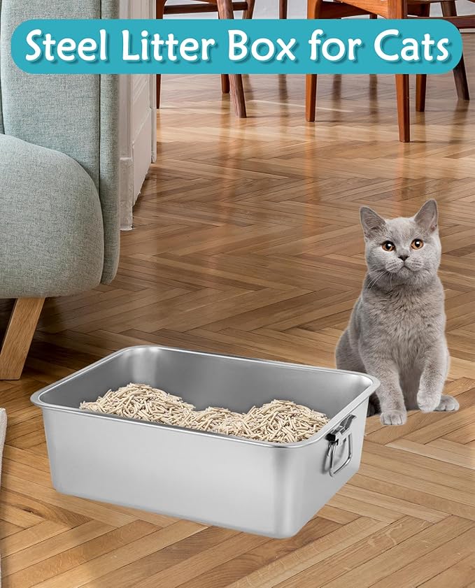 BNOSDM Stainless Steel Litter Box Small with Handles (16" x 12" x 6") Metal Cat Litter Pan High Sided Cat Toilet with Litter Sifting Scoop for Rabbits Kittens
