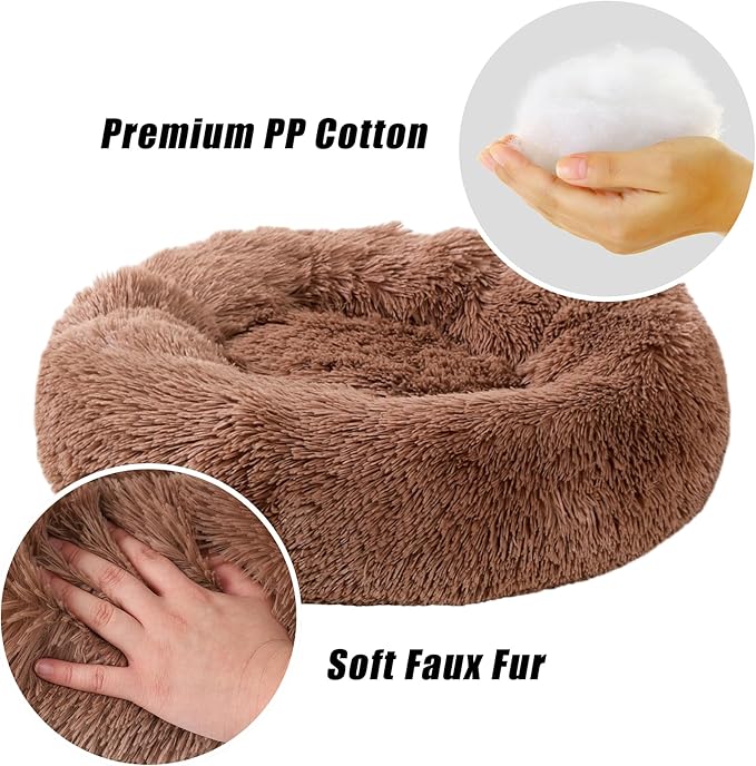 Calming Dog Bed, Dog Beds Fits up to 5 lbs Pets, Fluffy Donut Dog & Cat Bed Washable, Round Anti Anxiety Dog Bed, Small Dog Bed with Non-Slip Bottom (Khaki, 17" x 17")