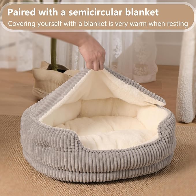 Cat Beds for Indoor Cats,with Soft Hooded Blanket.Comfortable Cute cat Bed,Removable Inner pad Washable with Non-Slip Bottom,Cozy Kitten、Small Dog Bed (Grey)