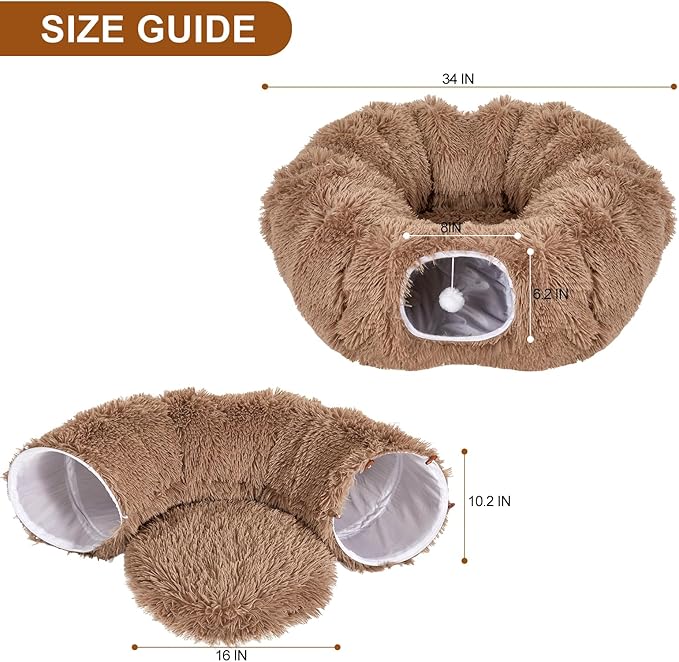 Cat Tunnel Bed for Indoor Cats Peekaboo Cat Cave Donut Tunnel for Cat with Washable Circle Cushion Interior Cat Play Tunnel (34 Inch, Brown)
