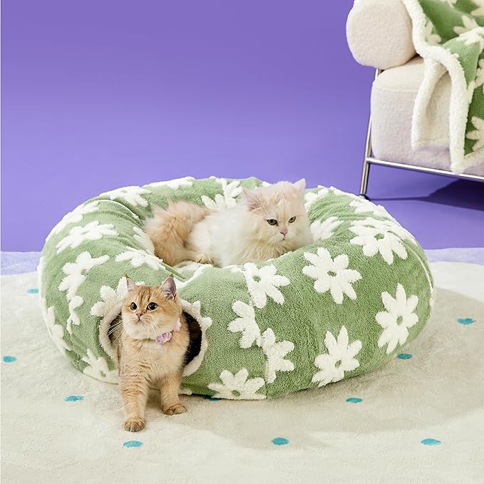Lesure Cat Tunnel Bed for Indoor Cats - Cute Cat Donut Tunnel with Washable Circle Cushion, Round Pet Play Tunnel Toy for Kitten/Puppy/Rabbit,Green