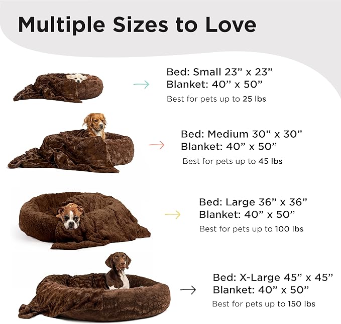 Best Friends by Sheri Bundle Set The Original Calming Lux Donut Cuddler Cat and Dog Bed + Pet Throw Blanket Dark Chocolate Extra Large 45" x 45"