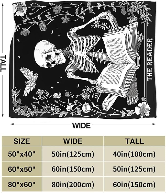 Reading Throw Blanket Ultra Soft Cozy Funny Skeleton Read Book Blanket Fleece Fuzzy Plush Skull Reading Lovers Reader Librarian Decor Gifts for Women Girls Adults Couch Sofa 50"x40"