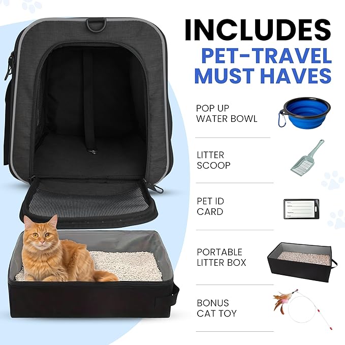 Airline-Approved Cat Carrier with Litter Box, 17x11x12β Soft Travel Litterbox up to 18 lbs Cats, Large Portable Carrier for Long Car Trips, Comes with Litter Scoop, Water Bowl, Pet ID & Cat Toy