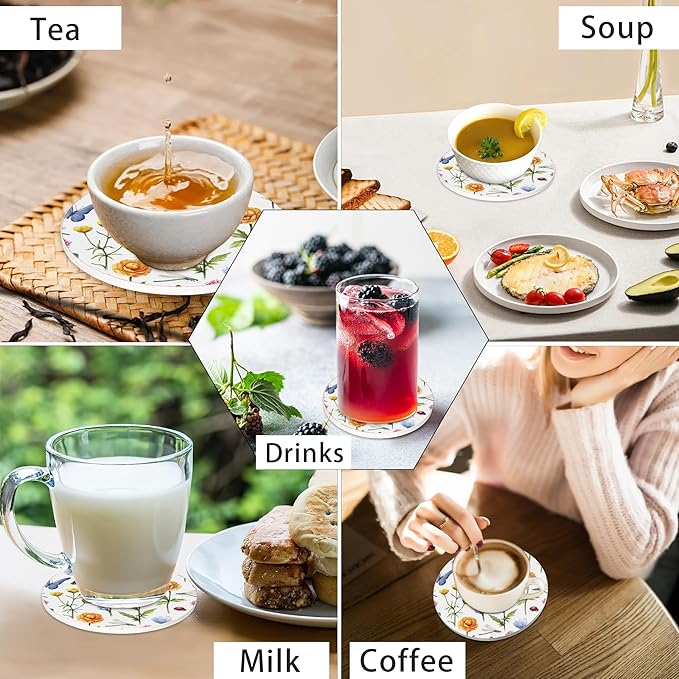 6 Pcs Drink Coasters with Holder,Botanical Flowers Absorbent Round Ceramic Coaster for Tabletop Protection,for Coffee Cup Beverage Coasters Wine Beer Bar