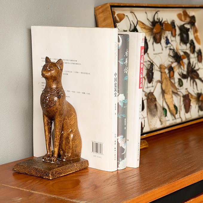 Book Ends Retro Cat Decorative Bookends, Vintage Antique Heavy Duty Egyptian Cat Hold Books Collectors, Black Decor for Office/Shelves/Living Room Father (Wood Grain)