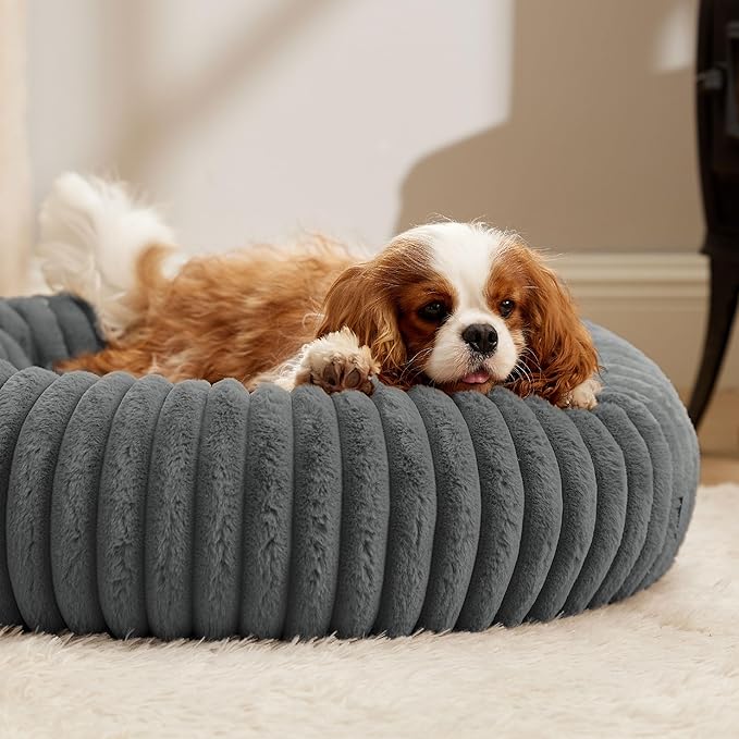Bedsure Donut Medium Dog Bed - Washable Faux Fur Dog Bed Medium Size Dog with Corduroy Fleece & Anti Slip Bottom, Round Pet Beds with Removable Cover, Warm Grey, 30x30x8 inches