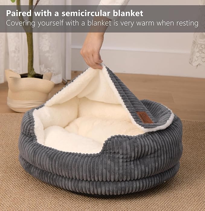 Cat Beds for Indoor Cats,with Soft Hooded Blanket.Comfortable Cute cat Bed,Removable Inner pad Washable with Non-Slip Bottom,Cozy Kitten、Small Dog Bed (Dark Grey)
