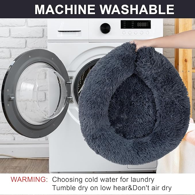 Dog Bed Calming Dog Beds for Small Medium Large Dogs - Round Donut Washable Puppy Dog Bed, Anti-Slip Faux Fur Fluffy Donut Cuddle Anxiety Cat Pet Bed(24" Dark Grey)
