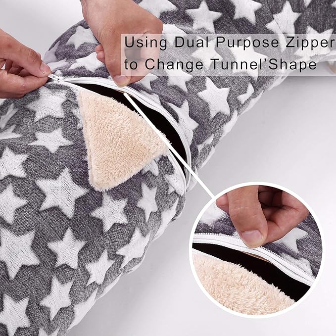 LUCKITTY Large Cat Tunnel Bed with Plush Cover,Fluffy Toy Balls, Small Cushion and Flexible Design- 10 inch Diameter, 3 ft Length- Great for Cats, and Small Dogs, Gray Star Pattern