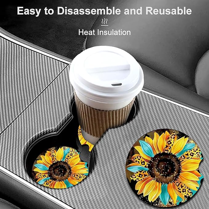 Car Coasters for Cup Holders,2 Pack Sunflowers Leopard Car Cup Holder Coasters,2.75" Universal Size Anti Slip Rubber Mat,Sunflowers Gifts for Women,Mom,Her,Wife,Girlfriend