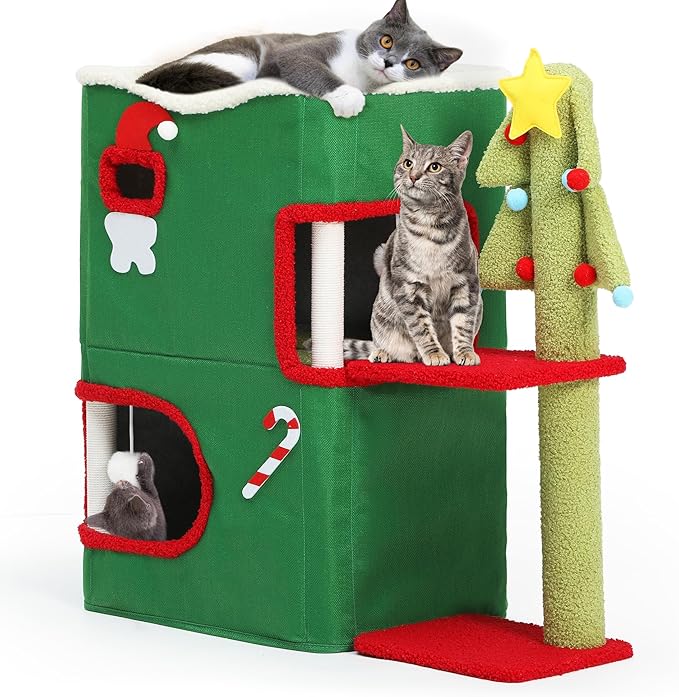 YITAHOME Christmas 2 Storey Cat House for Indoor Cats Bed, Covered Cat Beds & Furniture with Highway Cave, Scratch & Itching Post, Christmas Modern Cat Condo Furniture for Multi Small Cats