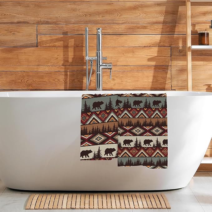 Vintage Brown Bear and Forest Kitchen Hand Towel Set of 2,Wild Animals Bathroom Hand Towel,Soft Absorbent Decorative for Bathroom Kitchen Hotel Gym Yoga