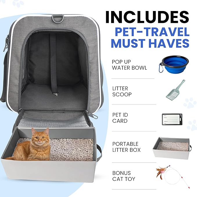 Airline-Approved Cat Carrier with Litter Box, 17x11x12β Soft Travel Litterbox up to 18 lbs Cats, Large Portable Carrier for Long Car Trips, Comes with Litter Scoop, Water Bowl, Pet ID & Cat Toy